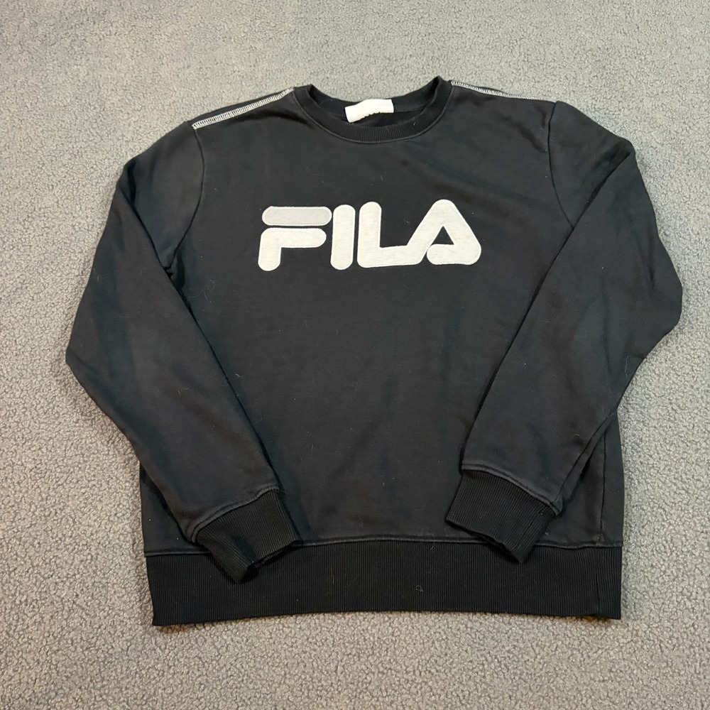 FILA Sweatshirt Womens Medium Black Logo Crewneck Long Sleeve Pullover Ribbed